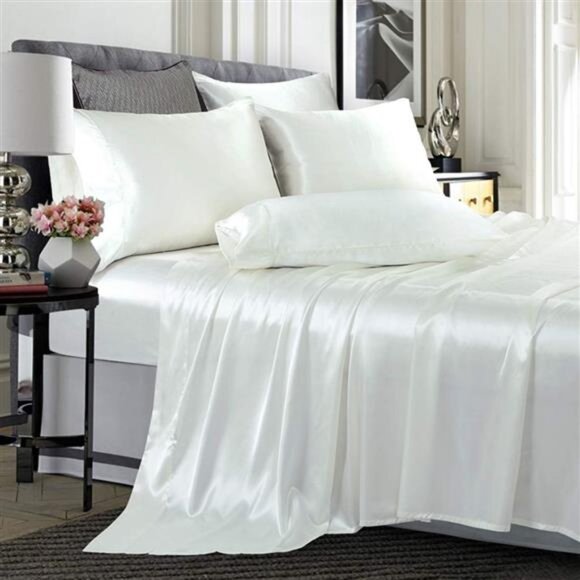 6 Piece Satin Sheets Full Size Silky Smooth Ivory White Satin Sheet Set - Picture 1 of 7